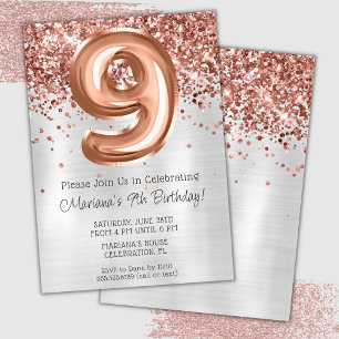 Rose Gold Silber 9. Geburtstags-Einladung Einladung