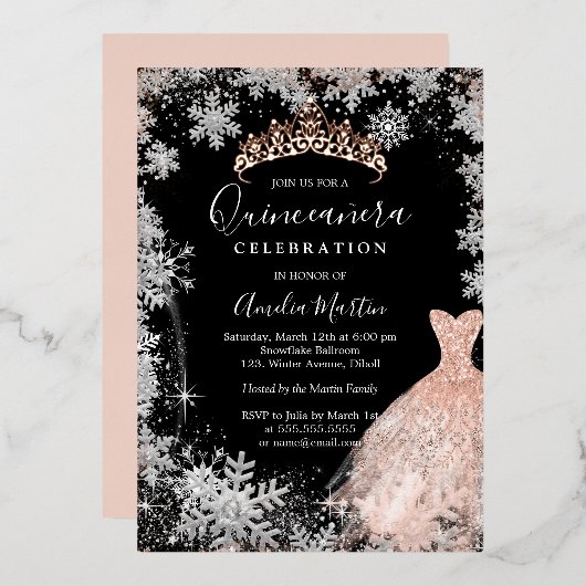 Rose Gold Silber Black Snowflake Quinceanera Folieneinladung (Vorderseite/Rückseite)