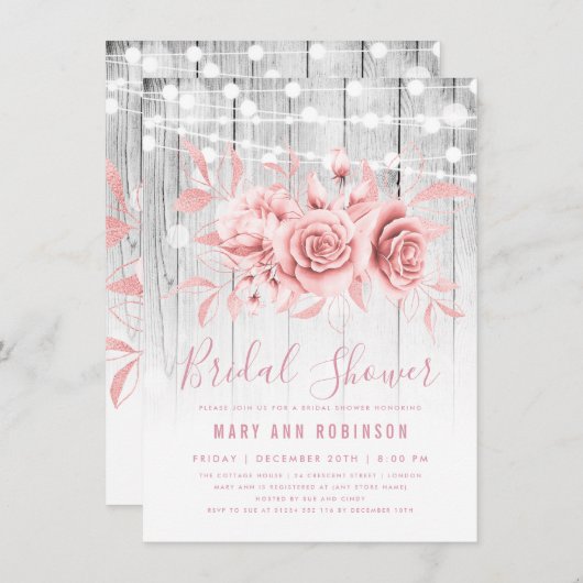 Rose Gold Silber Floral Brautparty Einladung (Vorne/Hinten)