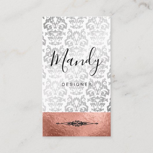 Rose Gold Silber Foil Silver Metallic Damask Visitenkarte (Vorderseite)