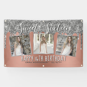 Rose Gold Silber Glitter Tropfen Foto 16. Geburtst Banner