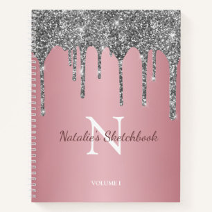 Rose Gold Silber Glitter Tropfen Monogramm Skizzen Notizblock