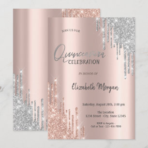 Rose Gold Silber Glitter Tropfen Quinceañera  Einladung
