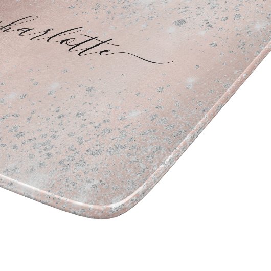 Rose Gold Silber Glitzer Namensskript Schneidebrett (Ecke)