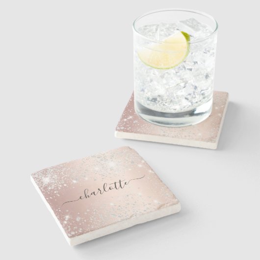 Rose Gold Silber Glitzer Namensskript Steinuntersetzer (Seitenansicht)