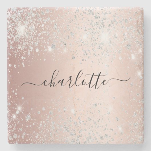 Rose Gold Silber Glitzer Namensskript Steinuntersetzer (Vorderseite)