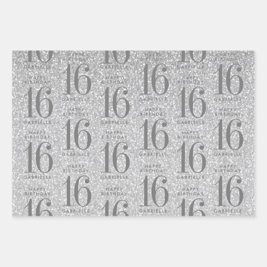 Rose Gold Silber Glitzer Sweet 16 Custom Pink Geschenkpapier Set (Vorderseite)
