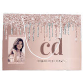 Rose Gold Silber Glitzer Tropfen Foto Monogramm Große Geschenktüte (Rückseite)