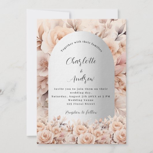 Rose Gold silber Rose Blumenbogen Luxushochzeit Einladung (Vorderseite)