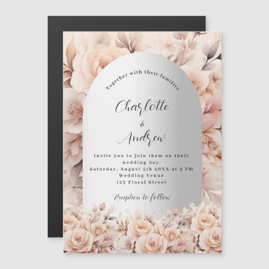 Rose Gold silber Rose Blumenbogen Luxushochzeit Magneteinladung (Vorne/Hinten)