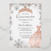 Rose Gold Silber Schneeflocke Winter Quinceanera Folieneinladung (Vorderseite)