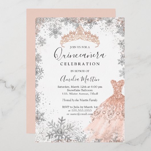Rose Gold Silber Schneeflocke Winter Quinceanera Folieneinladung (Vorderseite/Rückseite)