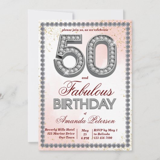 Rose Gold Silberdiamanten 50. Geburtstag Einladung (Vorderseite)