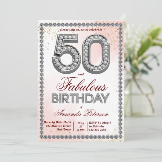 Rose Gold Silberdiamanten 50. Geburtstag Einladung (Stehend Vorderseite)