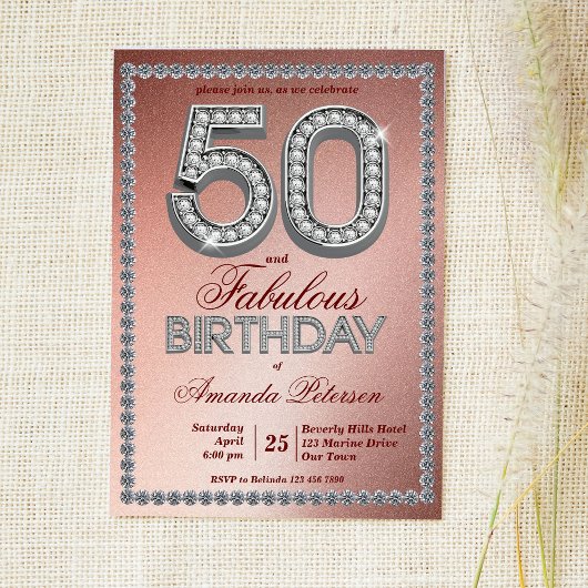Rose Gold Silberdiamanten 50. Geburtstag Einladung