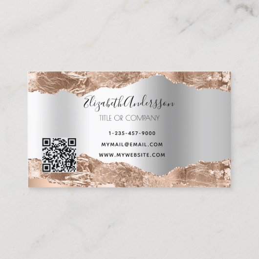 Rose Gold Silbermetall-Age-Marmorlogo QR-Code Visitenkarte (Rückseite)