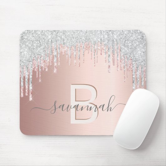 Rose Gold Silberrösche Rosa Tropfen Monogramm Name Mousepad (Mit Mouse)