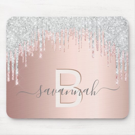 Rose Gold Silberrösche Rosa Tropfen Monogramm Name Mousepad (Vorne)