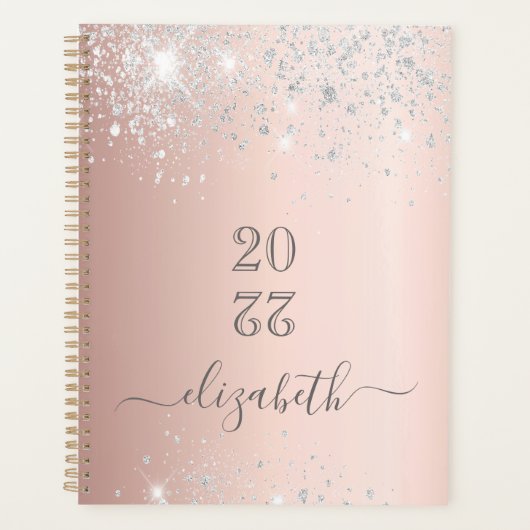 Rose Gold Silberröte Glitzer Monogramm 2025 Planer (Vorderseite)