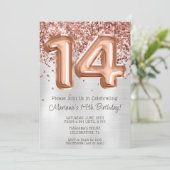 Rose Gold Silver 14. Geburtstagsparty Einladung (Stehend Vorderseite)