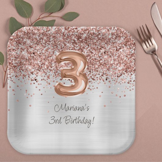 Rose Gold Silver 3. Geburtstag Party Pappteller