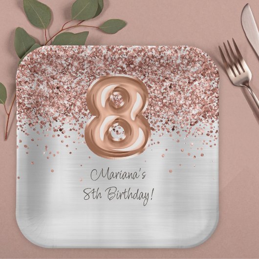 Rose Gold Silver 8. Geburtstagsparty Pappteller
