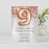 Rose Gold Silver 9. Geburtstagsparty Einladung (Stehend Vorderseite)