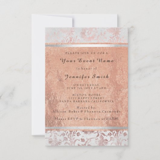 Rose Gold Silver Bridal 16. Damask Grungy Hütte Einladung (Vorderseite)