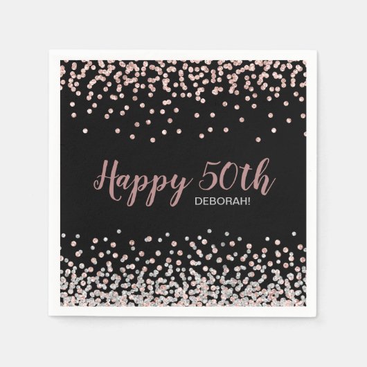Rose Gold Silver Confetti 50. Geburtstagsparty Serviette (Vorderseite)