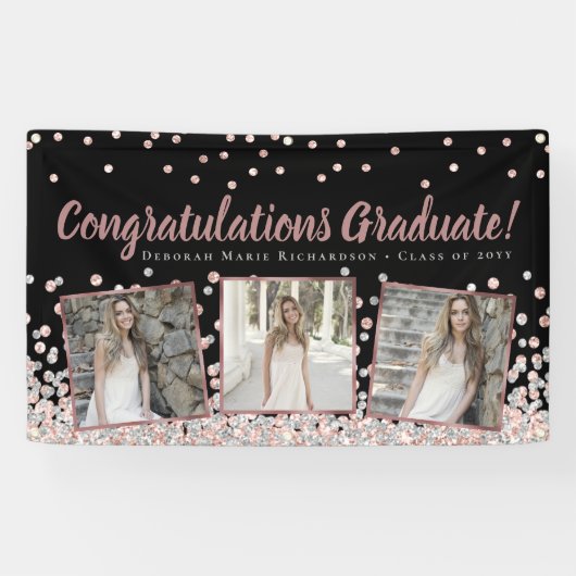 Rose Gold Silver Foto Collage Abschluss Banner (Horizontal)