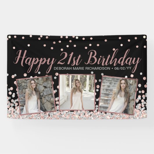 Rose Gold Silver FotoCollage 21. Geburtstag Banner (Horizontal)