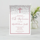 Rose Gold Silver Girl Erste Heilige Kommune Einladung (Stehend Vorderseite)