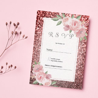 Rose gold silver glitter pink floral RSVP  Einladung