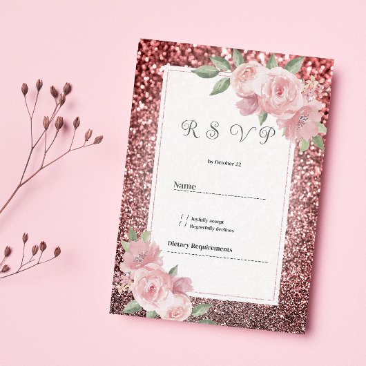 Rose gold silver glitter pink floral RSVP  Einladung