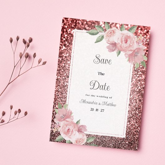 Rose gold silver glitter pink floral Save The Date Einladung