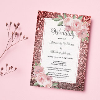Rose gold silver glitter pink floral Wedding  Einladung