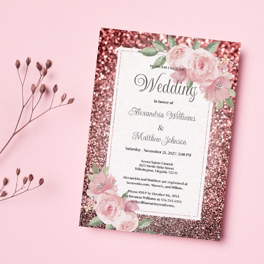Rose gold silver glitter pink floral Wedding  Einladung