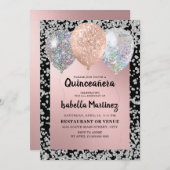 Rose Gold Silver Glitzer Balloons Quinceañera Einladung (Vorne/Hinten)