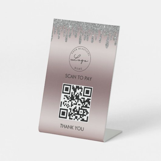 Rose Gold Silver Glitzer Scan Me QR-Logo Sockelschild (Vorderseite)