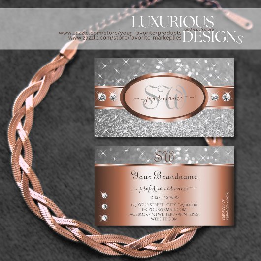Rose Gold Silver Glitzer Stars Diamanten Initialen Visitenkarte