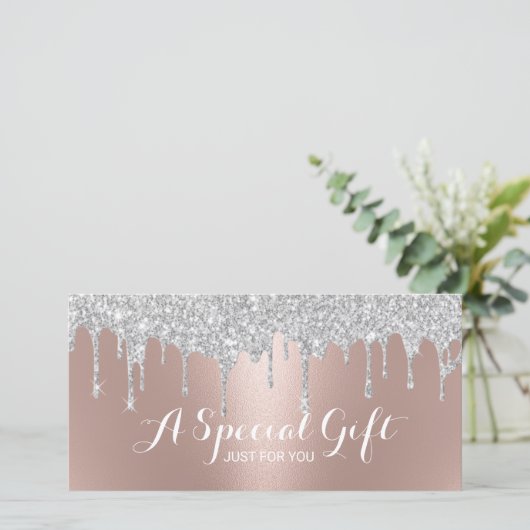 Rose Gold Silver Glitzer Tropfen Geschenkgutschein (Stehend Vorderseite)