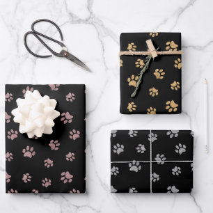 Rose Gold Silver Gold Glitzer Paw Prints auf Black Geschenkpapier Set