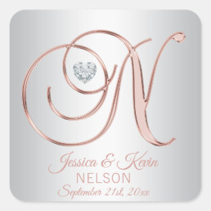 Rose Gold Silver Gray Monogram Heart Wedding Quadratischer Aufkleber