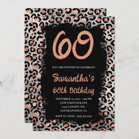 Rose Gold Silver Leopard Black Paint 60. Geburtsta Einladung (Vorne/Hinten)