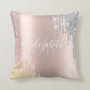 Rose Gold, Silver Ombre Glitzer Tropfen Monogram Kissen