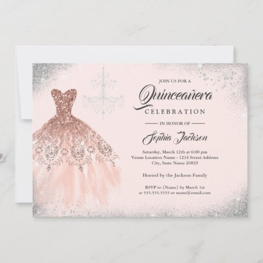 Rose Gold Silver Sparkle Spitzen Gown Quinceanera Einladung (Rückseite)