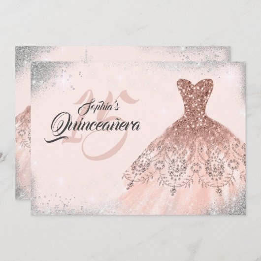 Rose Gold Silver Sparkle Spitzen Gown Quinceanera Einladung (Vorne/Hinten)