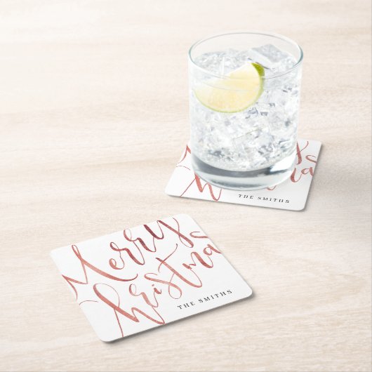 Rose Gold Simple Calligraphy Frohe Weihnachten Rechteckiger Pappuntersetzer (Vor Ort)