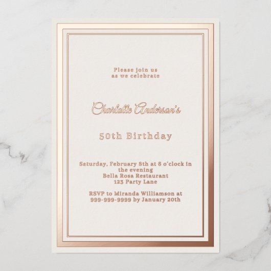 Rose gold simple luxury birthday folieneinladung (Vorderseite)