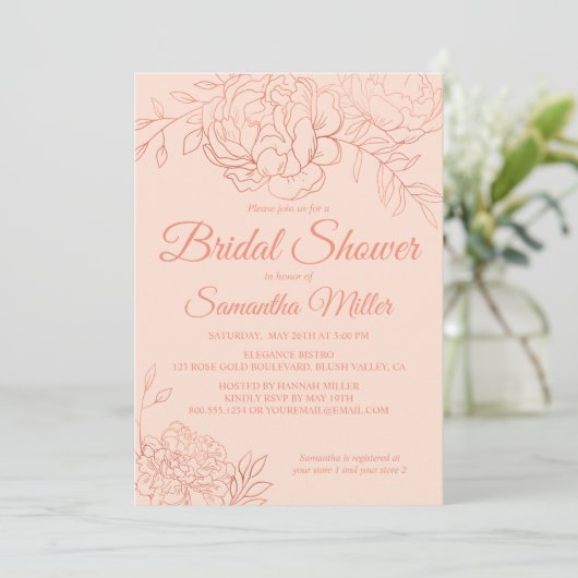 Rose Gold Sketch Blume Brautparty Einladung (Stehend Vorderseite)